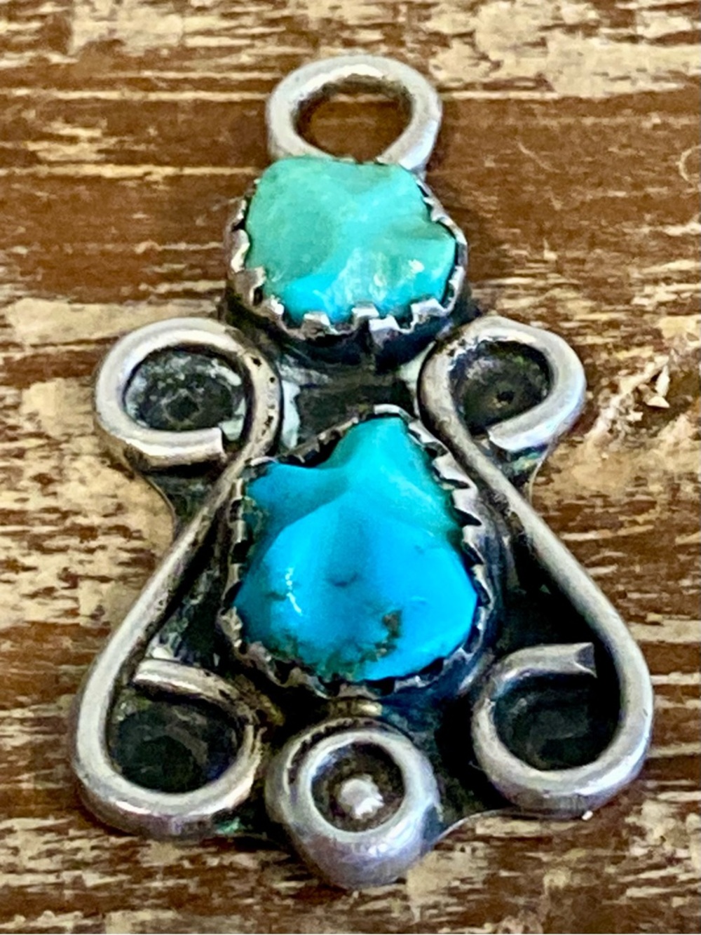 Small Southwestern Style Pendant Silver Tone with Two Blue Stones Sawtooth Bezel - Picture 2 of 11